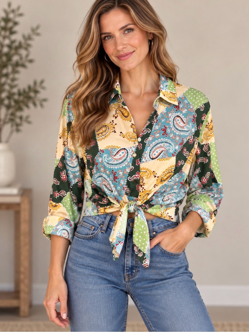 Blouse NWT Patchwork Paisley Blouse in Green, Yellow, Blue Satiny Polyester